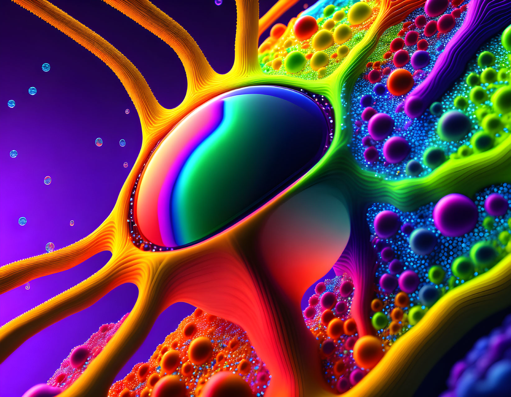 Colorful Abstract Art: Central Multicolored Bubble Surrounded by Intricate Branching Structures on Purple