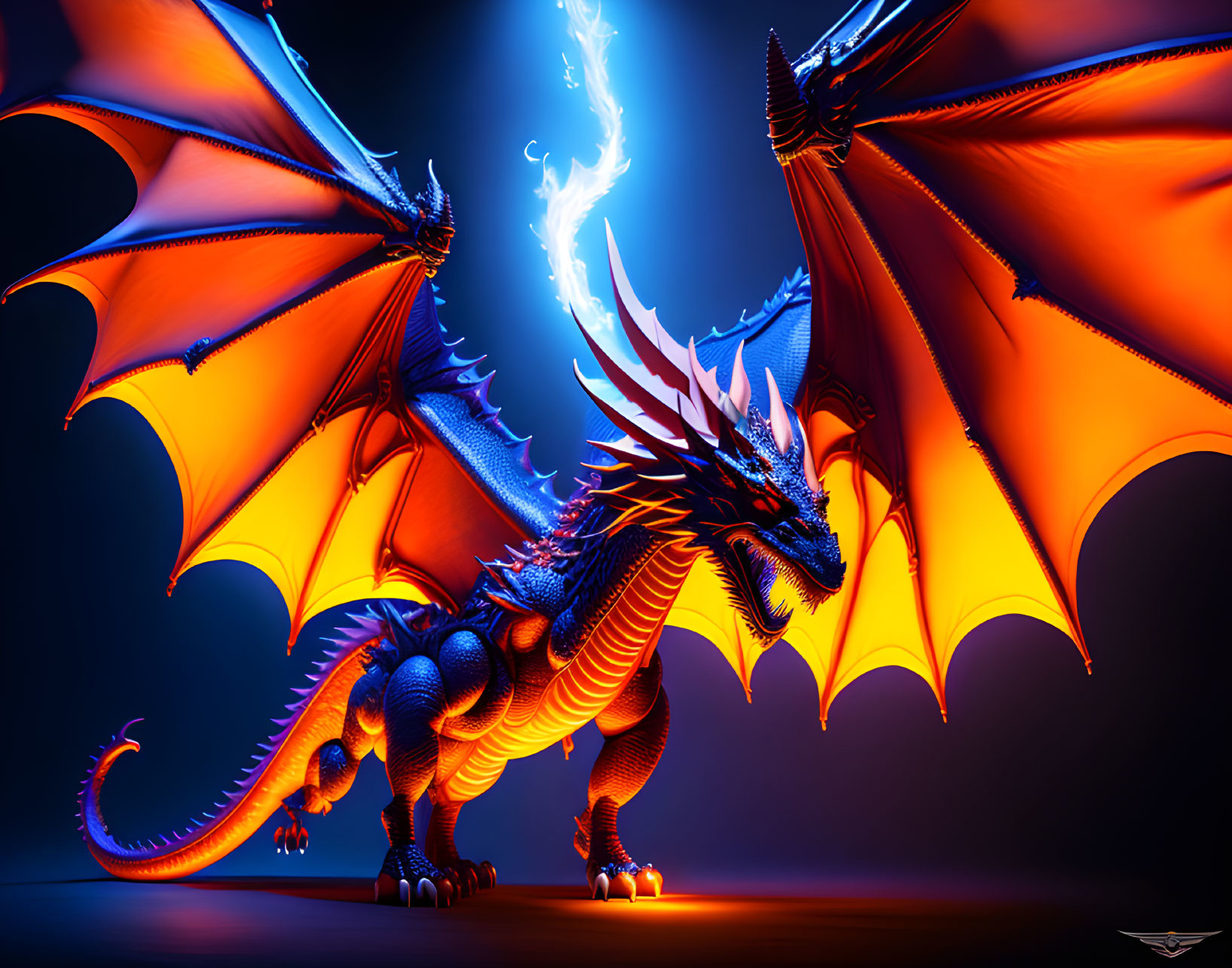 Blue dragon digital artwork with fiery glow and lightning bolt on dark background