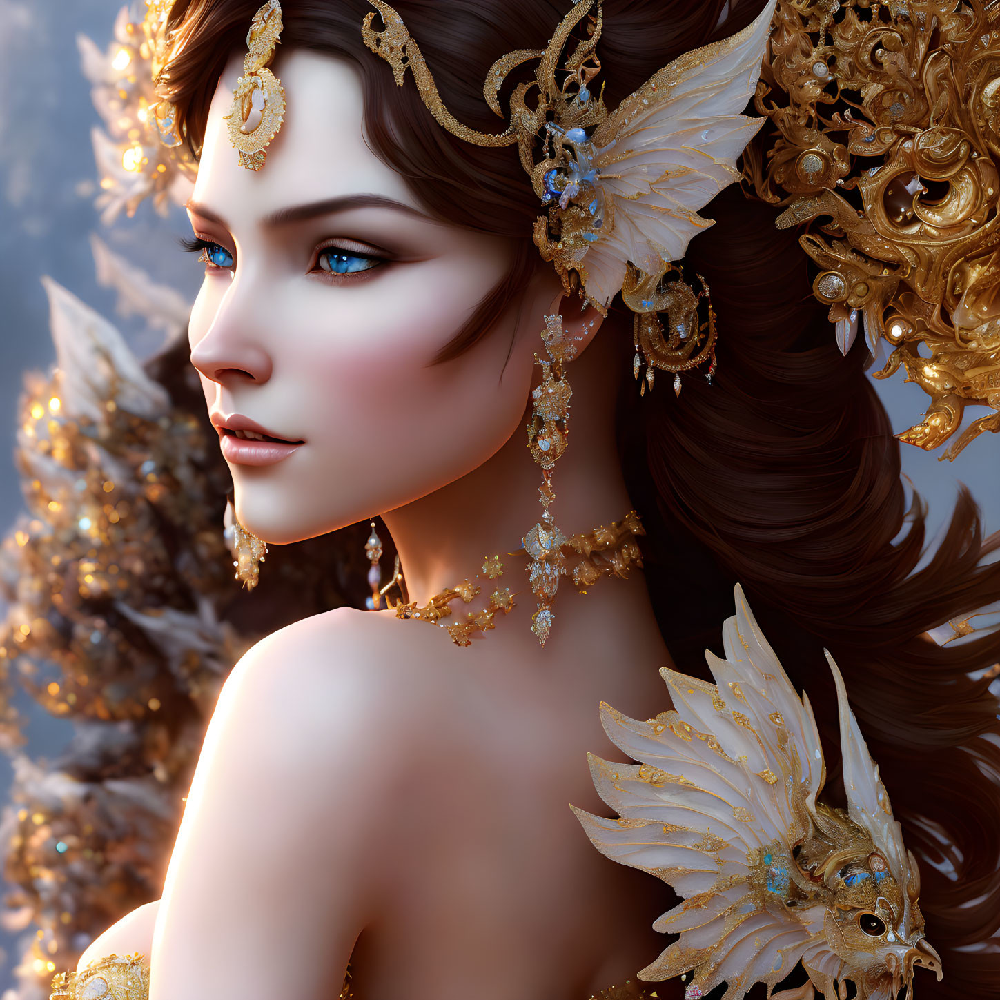 Detailed 3D Rendering of Woman with Striking Blue Eyes and Ornate Butterfly Jewelry