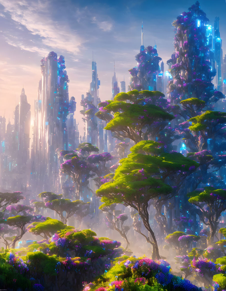 Mystical forest with oversized trees and futuristic cityscape