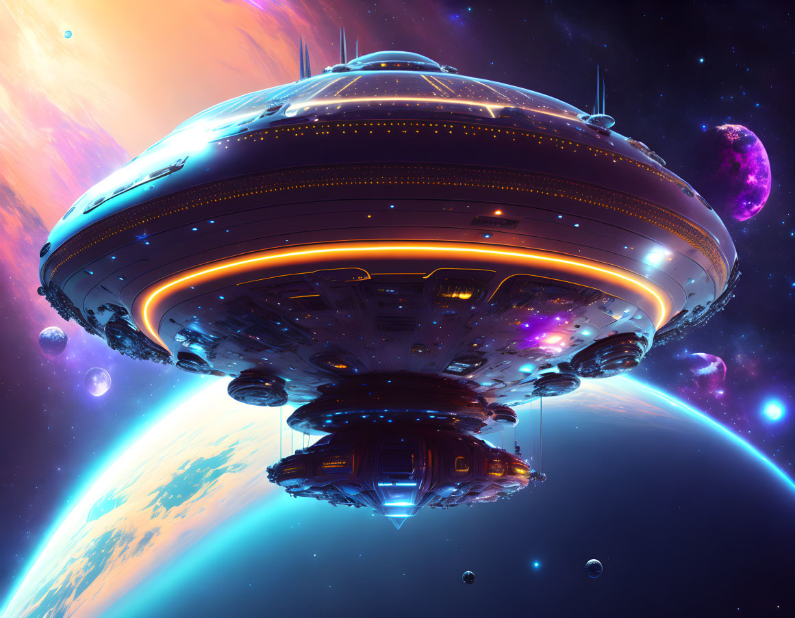 Futuristic spaceship in space with vibrant nebulae and Earth's curvature.