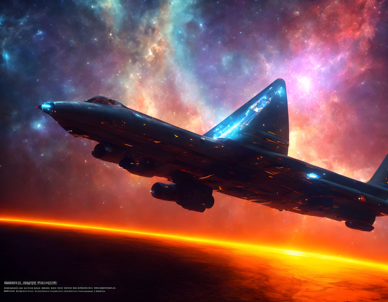 Futuristic spaceship in colorful nebula with bright horizon.