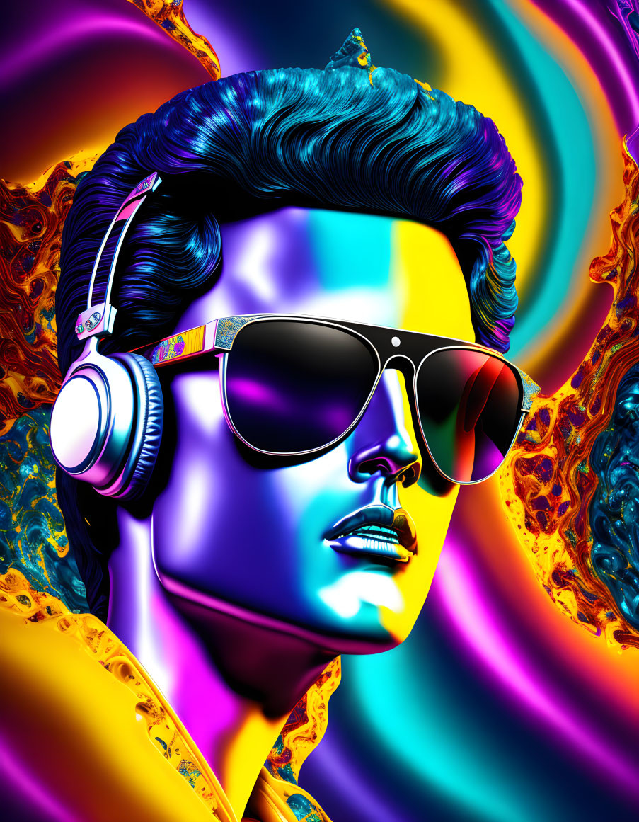 Colorful Digital Artwork: Person with Stylized Hair, Headphones, and Sunglasses