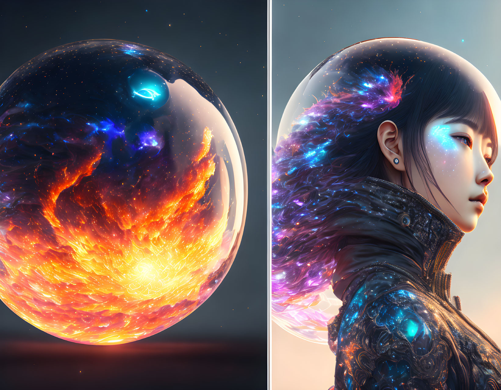 Split-image artwork contrasts fiery cosmic sphere with woman blending galactic elements in celestial theme.