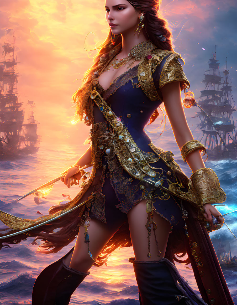 Regal woman in navy pirate outfit with sword, surrounded by ships at sunset