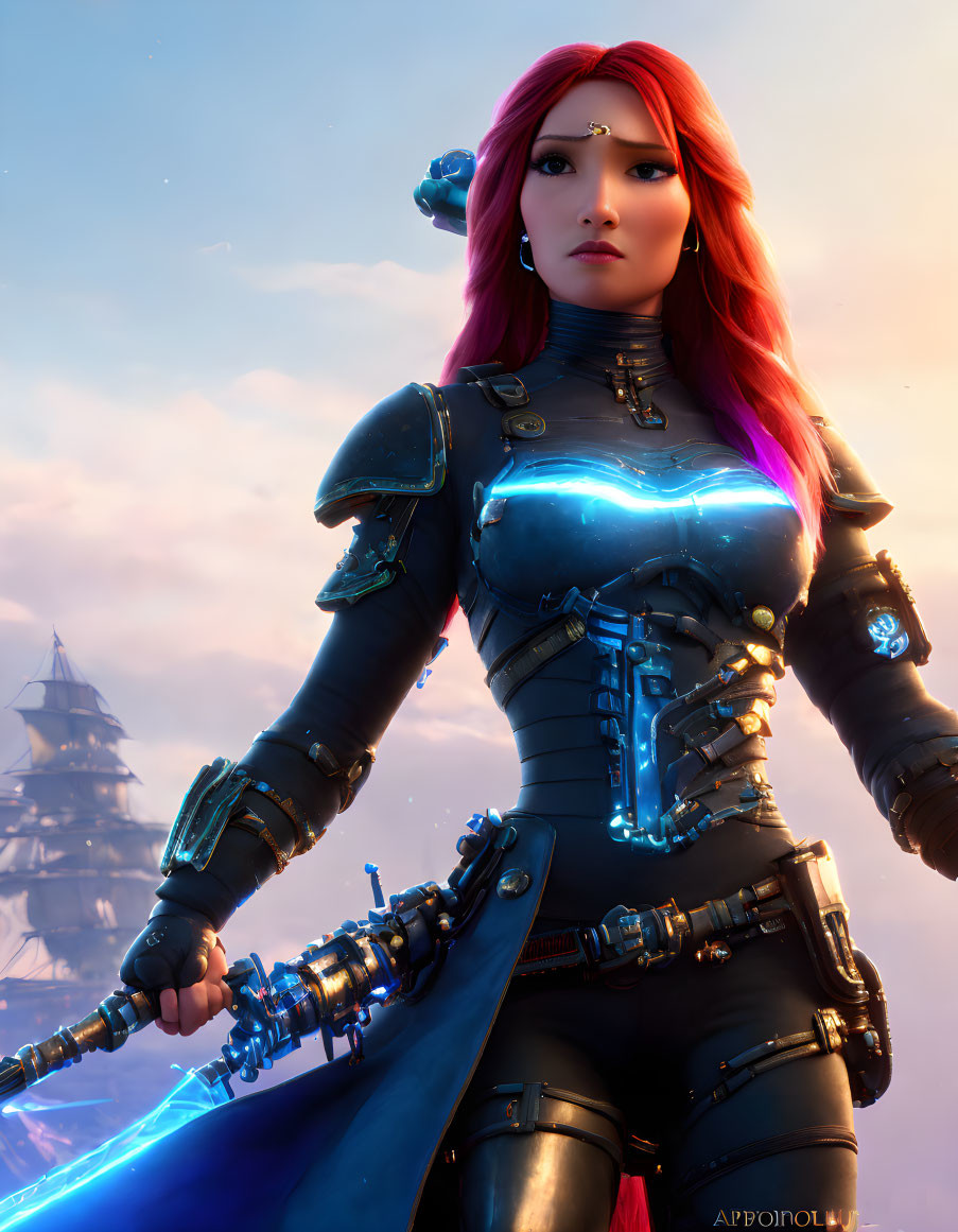 Female warrior digital art with red hair, blue armor, and futuristic weapon