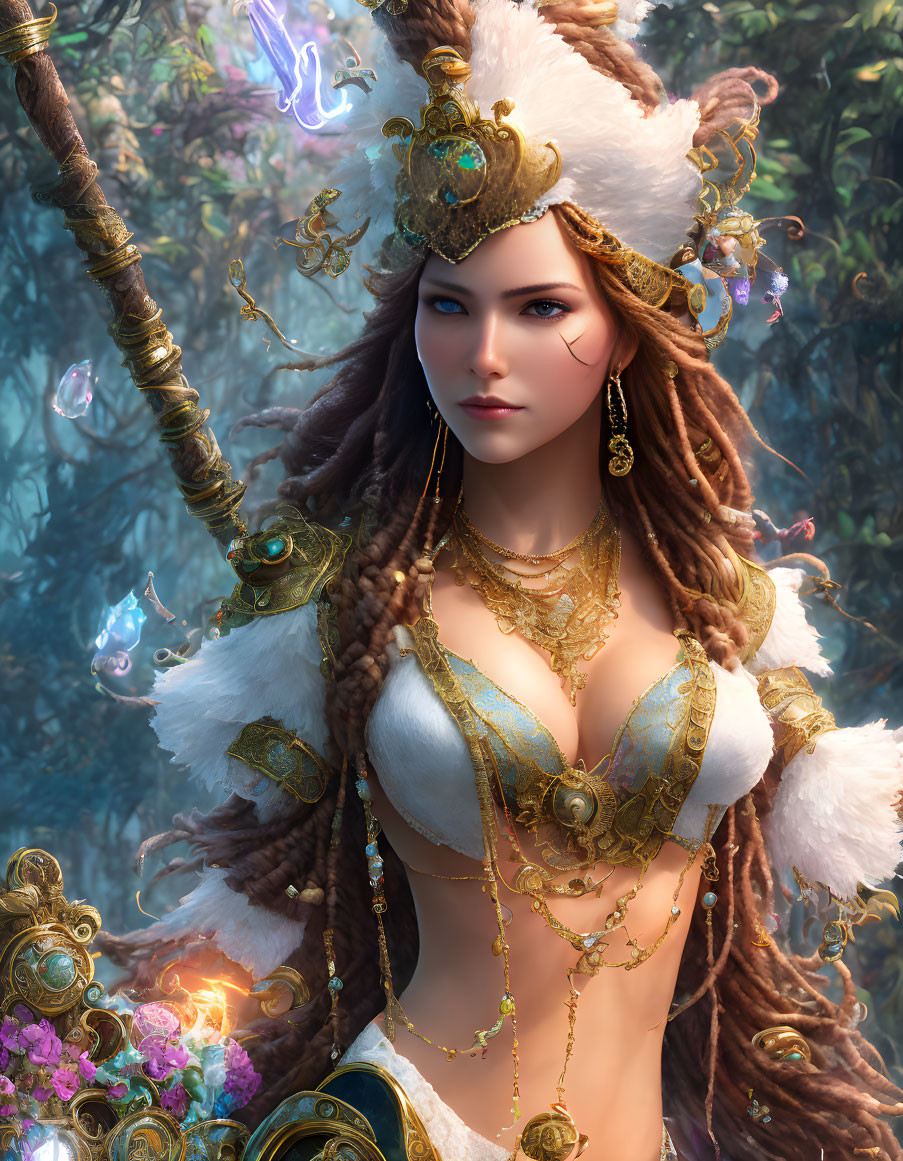 Female character with golden accessories, fur hat, staff in mystical forest