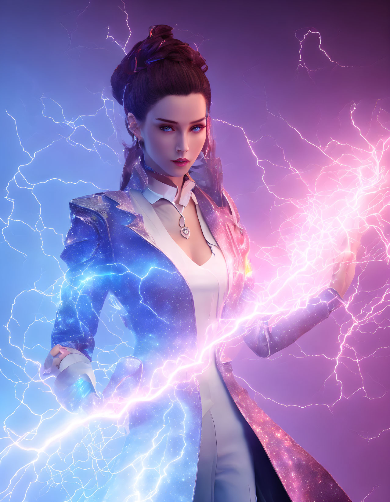 Cosmic-themed digital artwork of a woman conjuring lightning against purple backdrop