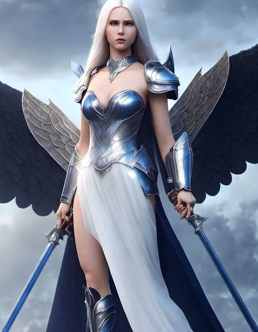 Female angelic warrior digital artwork: black wings, silver armor, sword, intense gaze