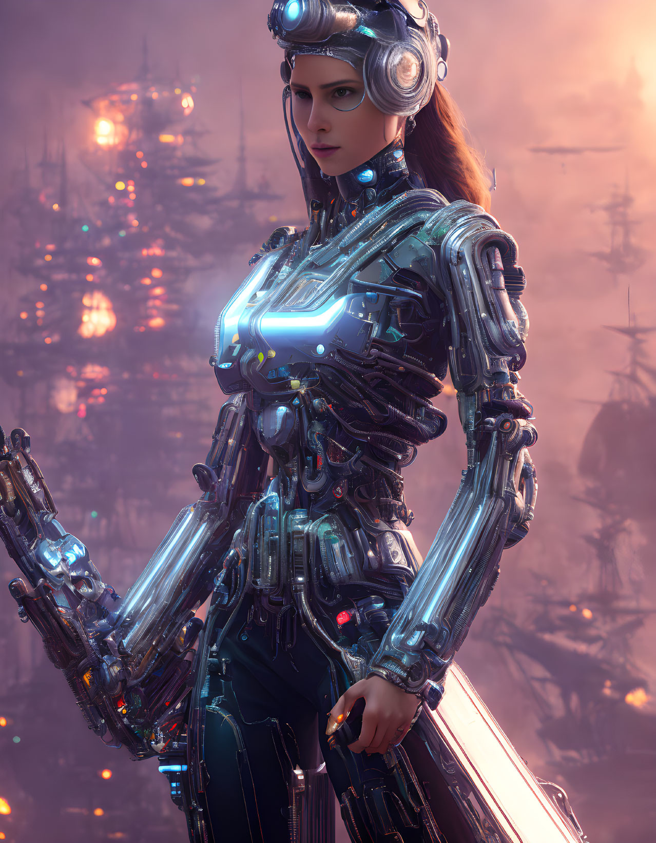 Sophisticated female cyborg in futuristic armor against sci-fi cityscape at dusk