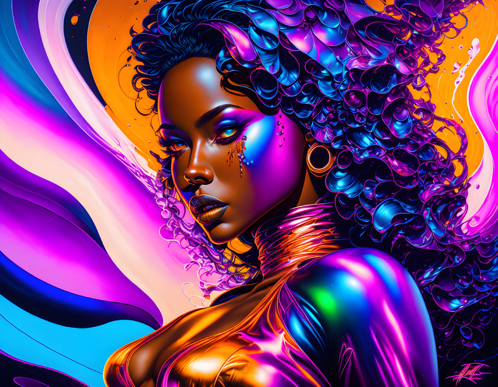 Colorful digital art: Woman with metallic skin and curly hair in swirling colors