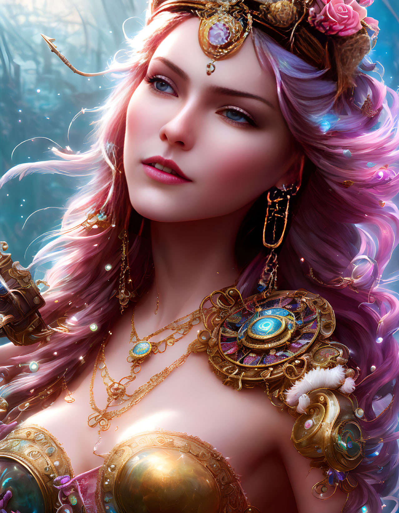 Fantasy female character with lavender hair and gold jewelry on blue background