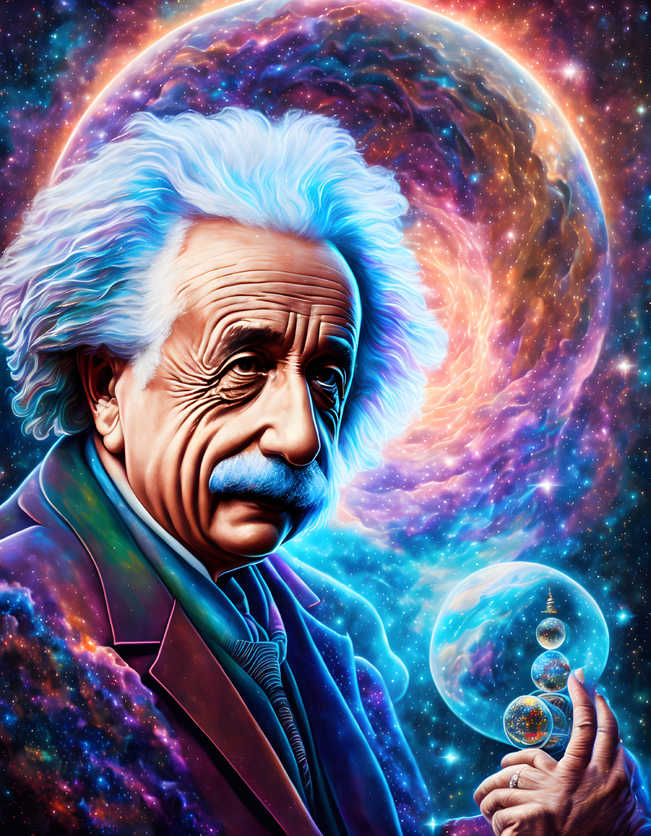 Scientist-like Figure Holding Cosmic Orb in Space Scene