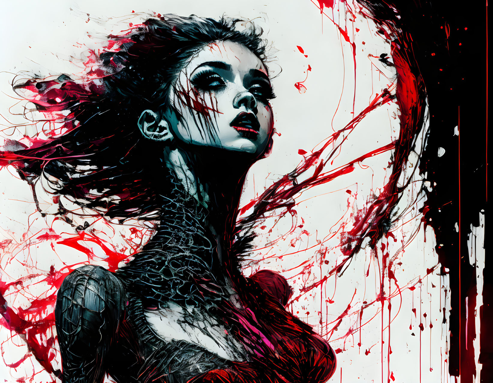 Dynamic Red and Black Artistic Illustration of Woman with Striking Features