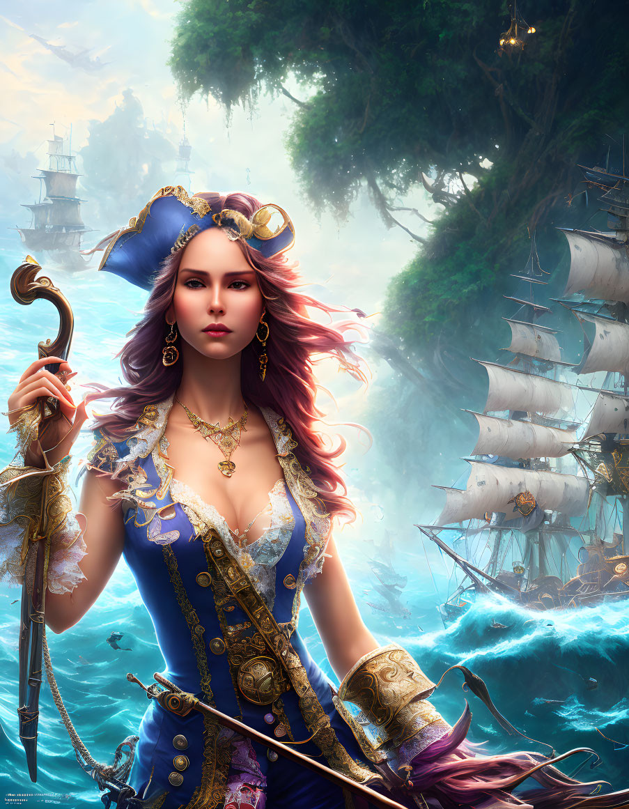 Digital artwork: Woman in ornate pirate costume with ships and sea.