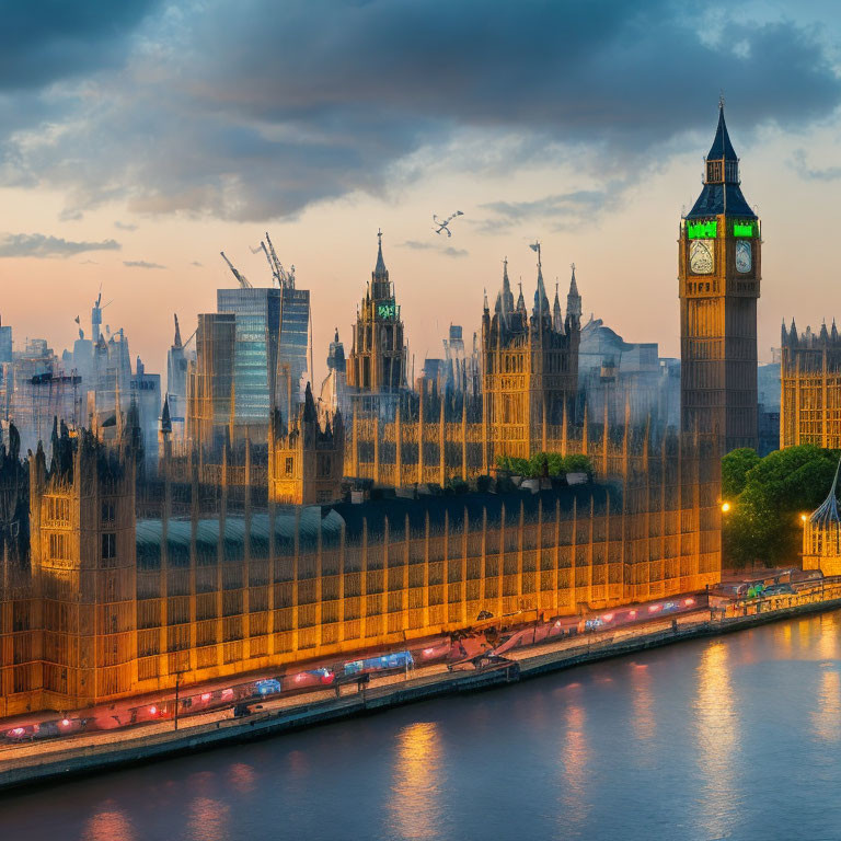 Iconic Big Ben and Houses of Parliament at dusk with vibrant sky colors and river reflections.