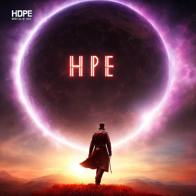 Figure standing before giant planet with glowing halo under starry sky and neon "HOPE" letters.