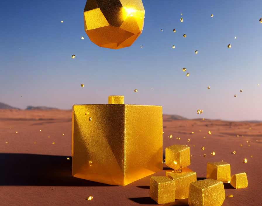 Geometric Golden Shapes Over Desert Landscape