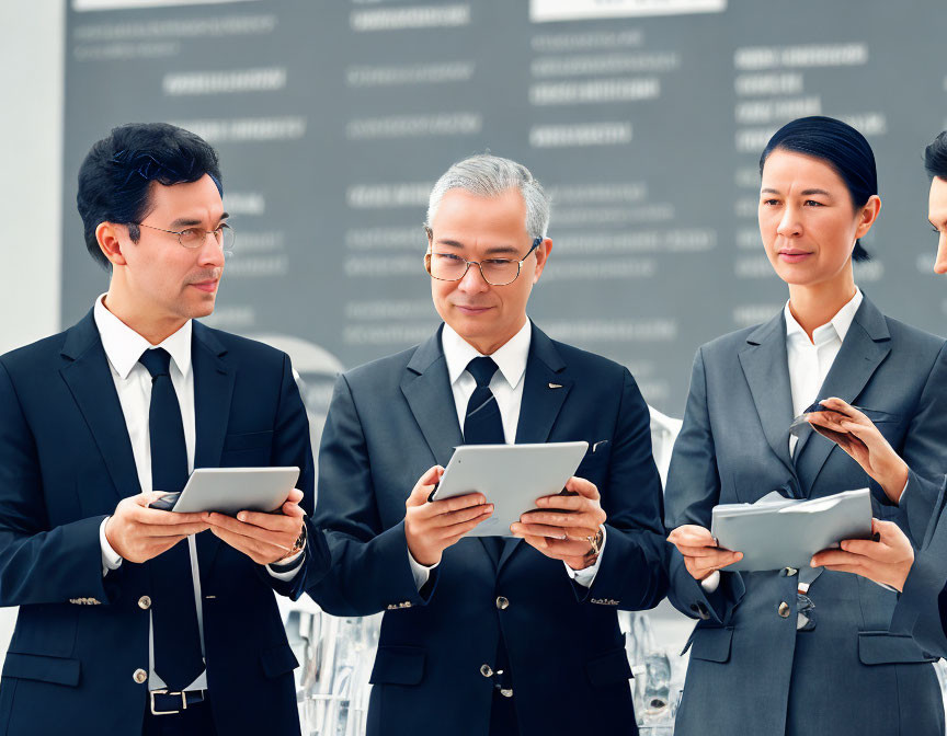 Four professionals in suits with digital tablets against text wall.