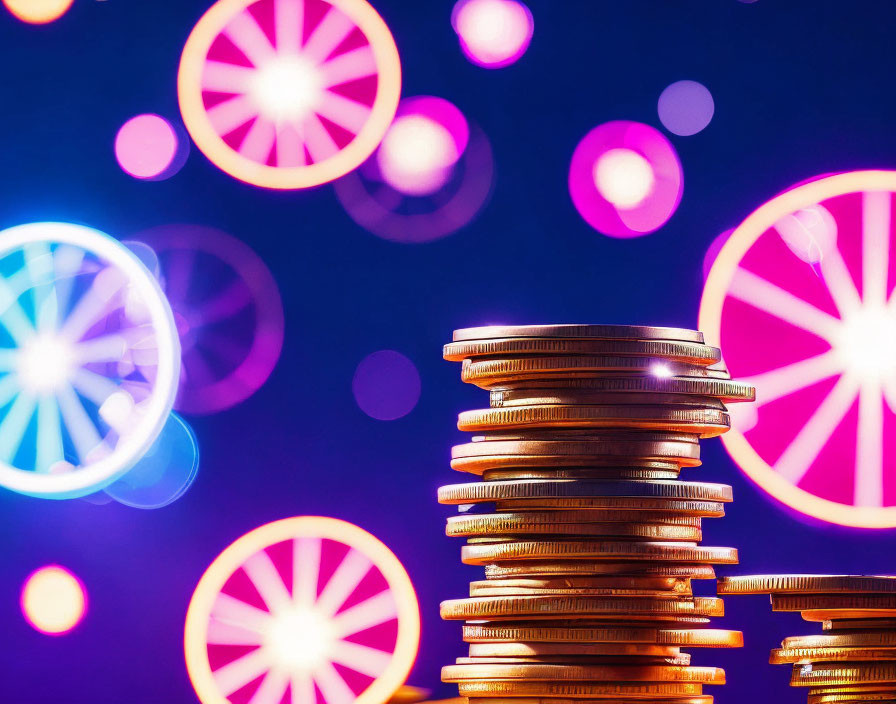 Coin Stacks with Colorful Lights Background at Night Carnival