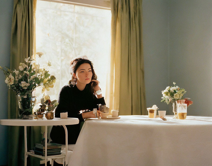 Woman sitting at table by window with sunlight, surrounded by flowers and cups