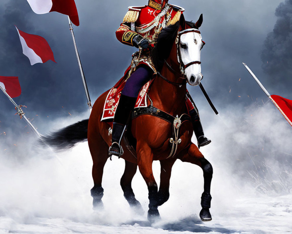 Regal figure on horseback in ornate uniform with red cape, surrounded by white flags under storm