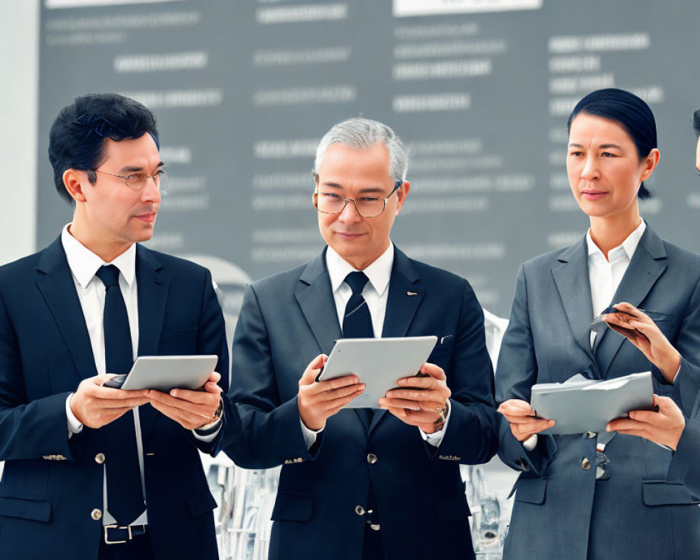 Four professionals in suits with digital tablets against text wall.