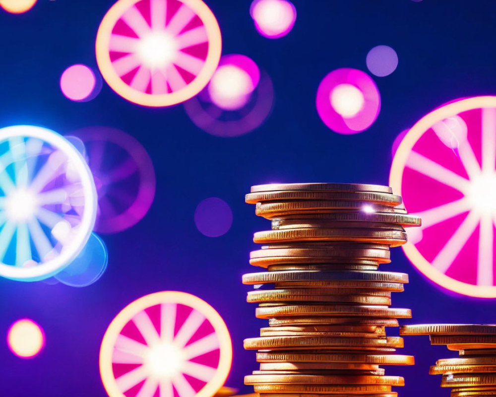 Coin Stacks with Colorful Lights Background at Night Carnival