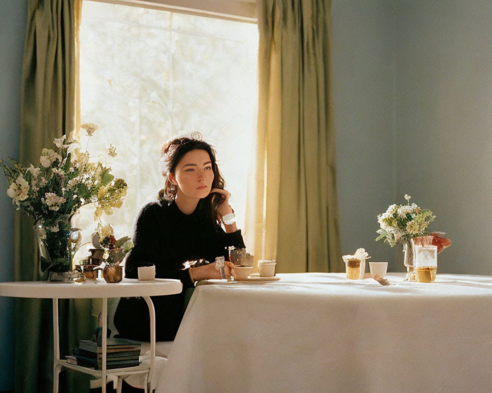 Woman sitting at table by window with sunlight, surrounded by flowers and cups