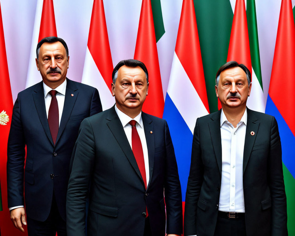 Three men in suits standing in front of national flags, looking serious.