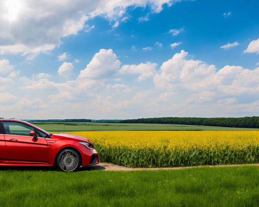 Red Car Parked Next to Yellow Flowering Field Under Blue Sky