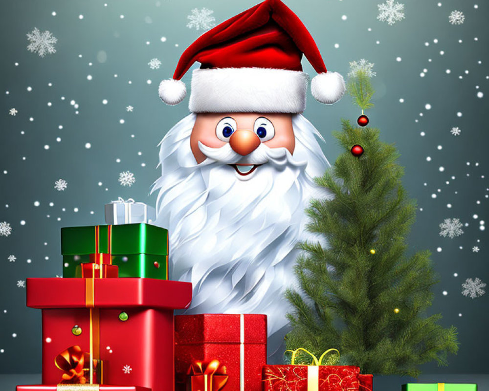 Colorful Santa Claus Face with Gifts and Christmas Tree in Snowfall