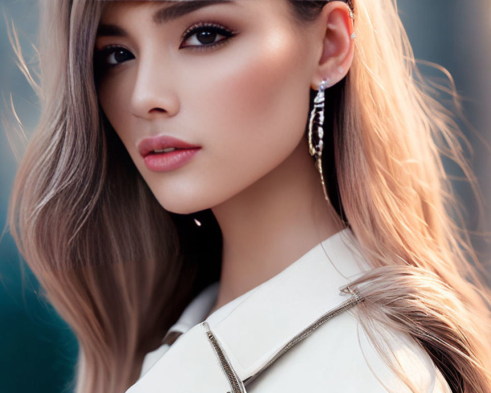 Blonde woman in white jacket with earrings portrait