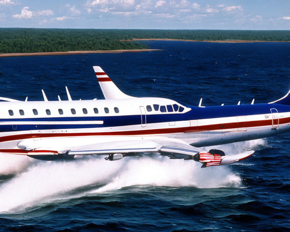 Luxury private jet flying above forest and water.