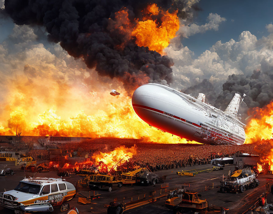 Airship crash scene with flames, emergency services, and onlookers.