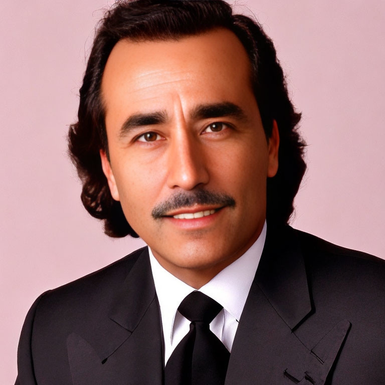 Man with Mustache in Black Suit and Tie on Pink Background