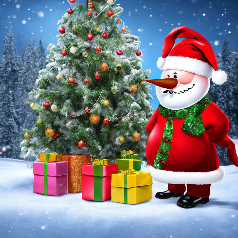 Animated Snowman Santa Claus with Presents and Christmas Tree in Snowy Scene