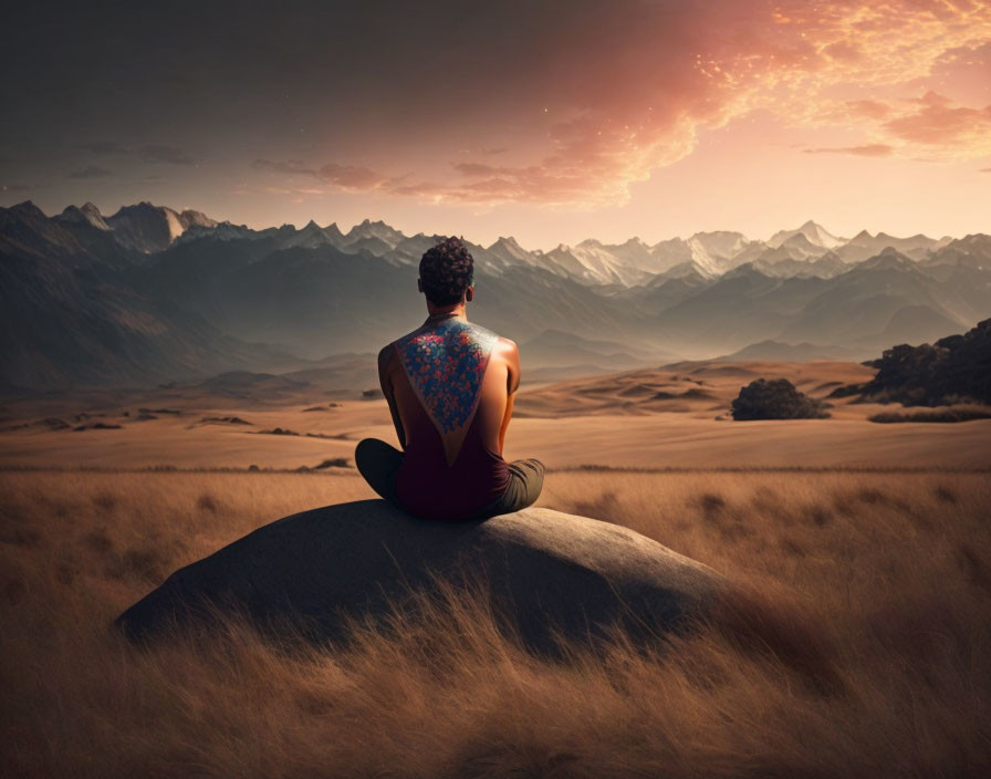 Meditating person with tattooed back overlooking mountains at sunset