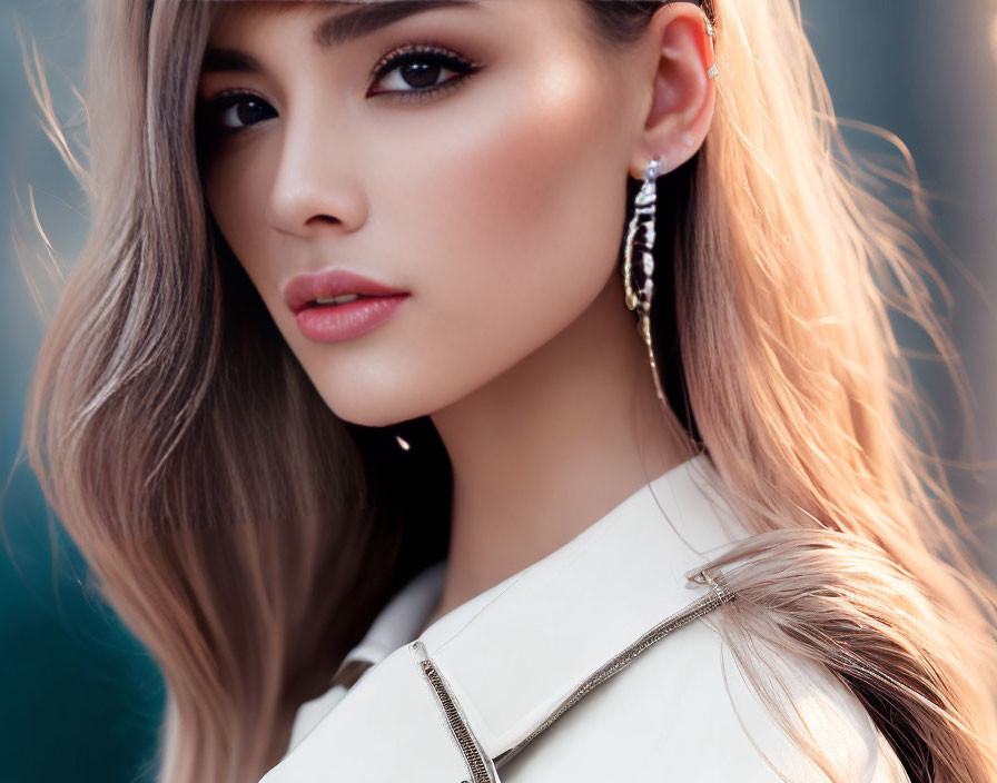 Blonde woman in white jacket with earrings portrait