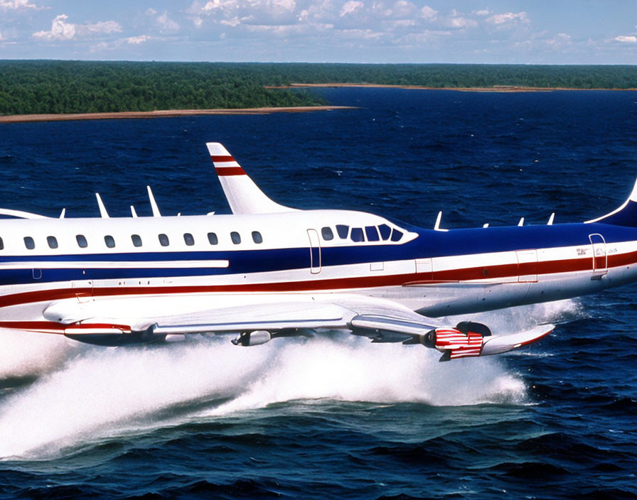 Luxury private jet flying above forest and water.