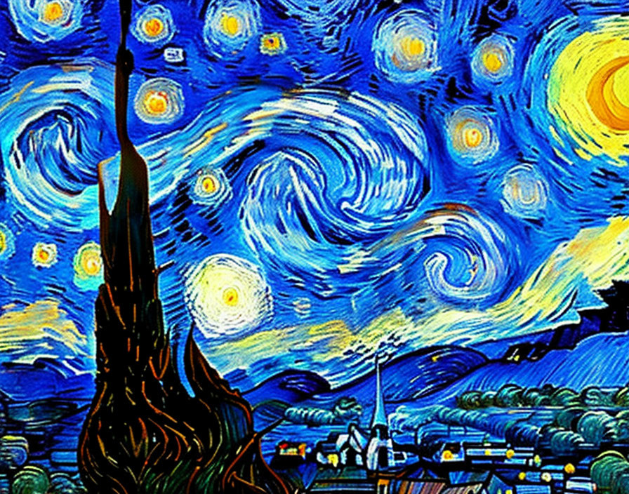 Starry Night Painting with Cypress Tree and Townscape