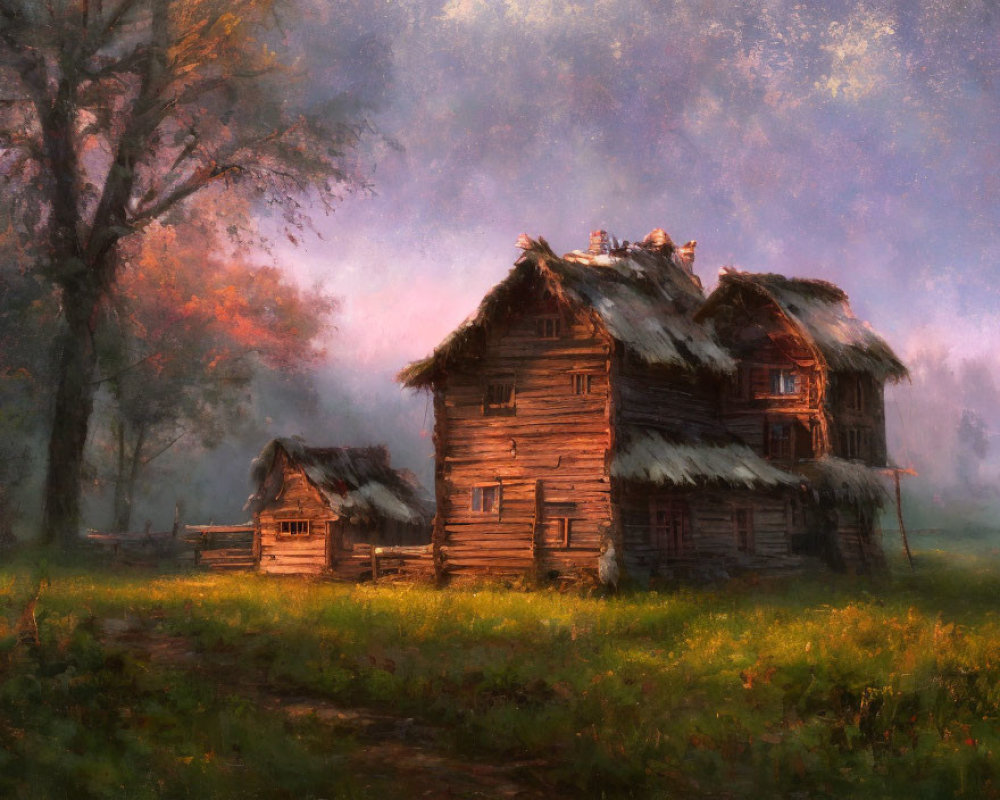 Rustic wooden house in misty golden landscape