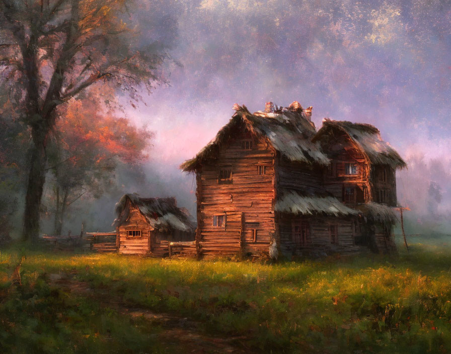 Rustic wooden house in misty golden landscape