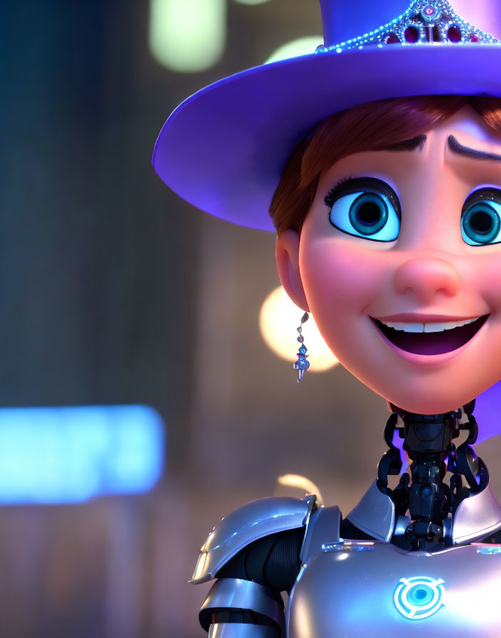 Close-up of smiling female robot with blue eyes and purple hat in blurred background