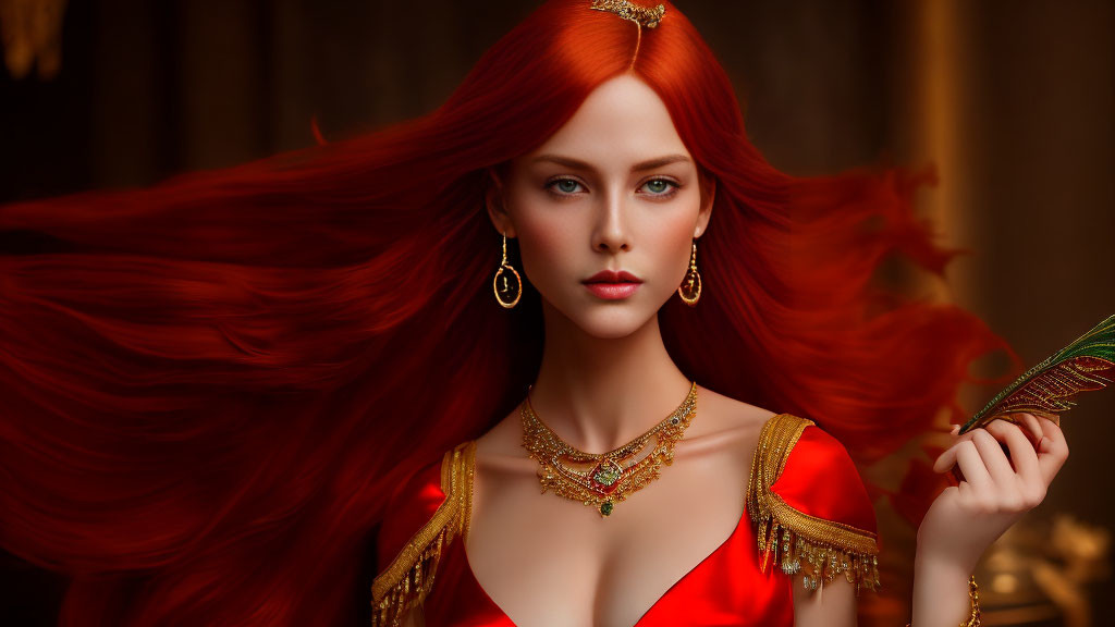 Regal woman with red hair in red dress and golden jewelry holding green feather