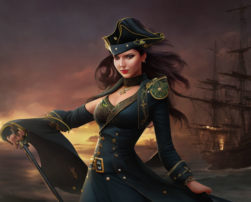 Illustration of female pirate with dark hair holding sword at sunset