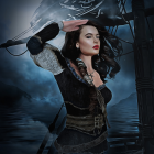 Digital artwork: Female pirate in tricorn hat and ornate coat, facing fleet on foggy sea