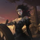 Illustration of female pirate with dark hair holding sword at sunset