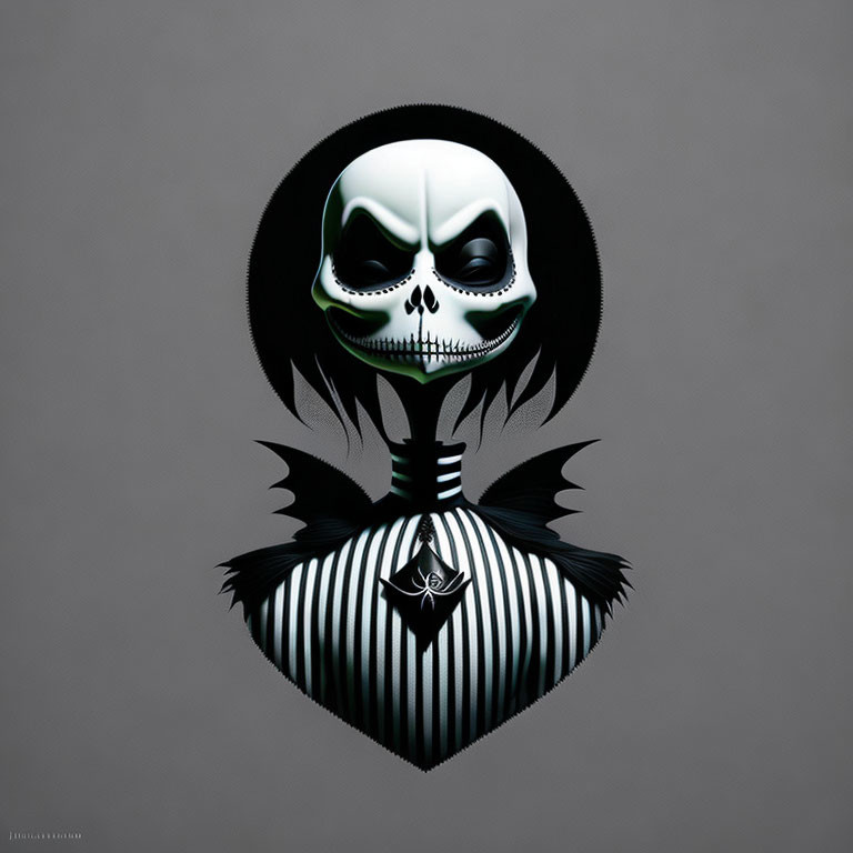 Stylized Jack Skellington with bat bowtie on grey background