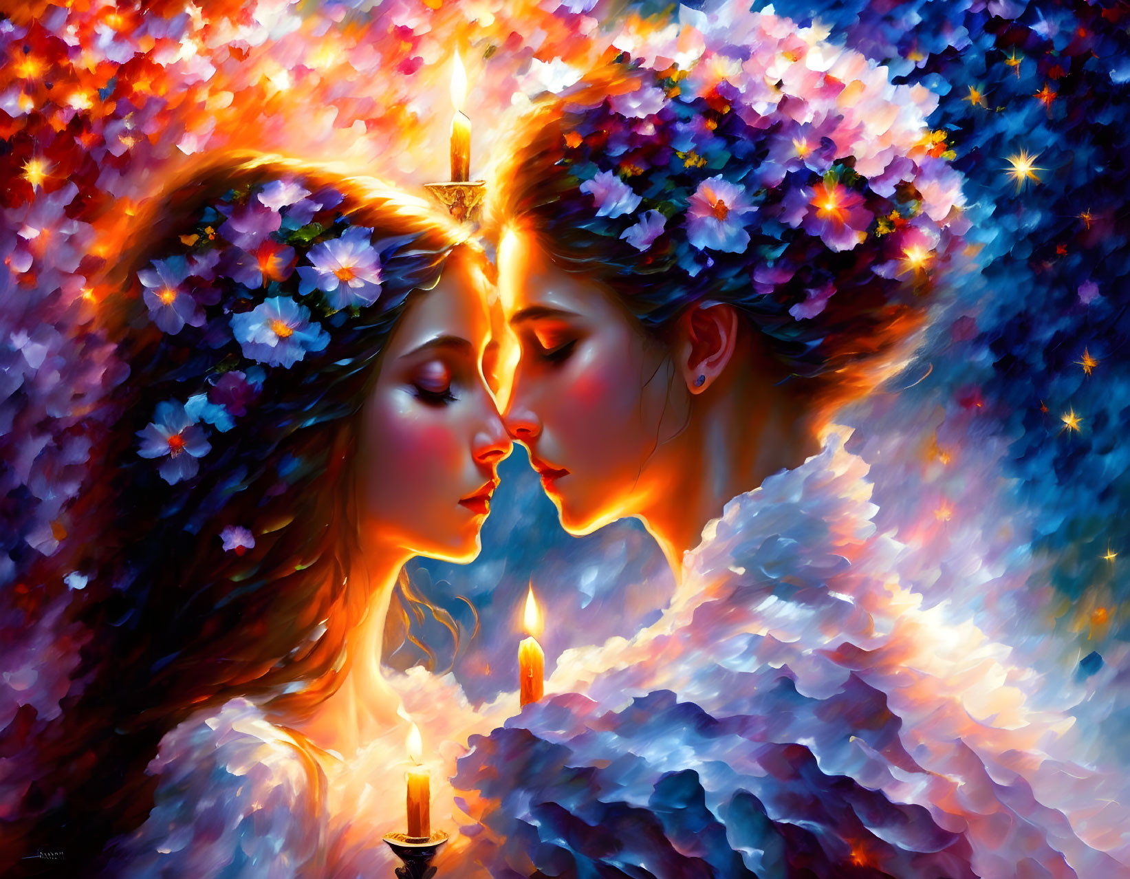 Colorful individuals with floral crowns and candle in starry setting.